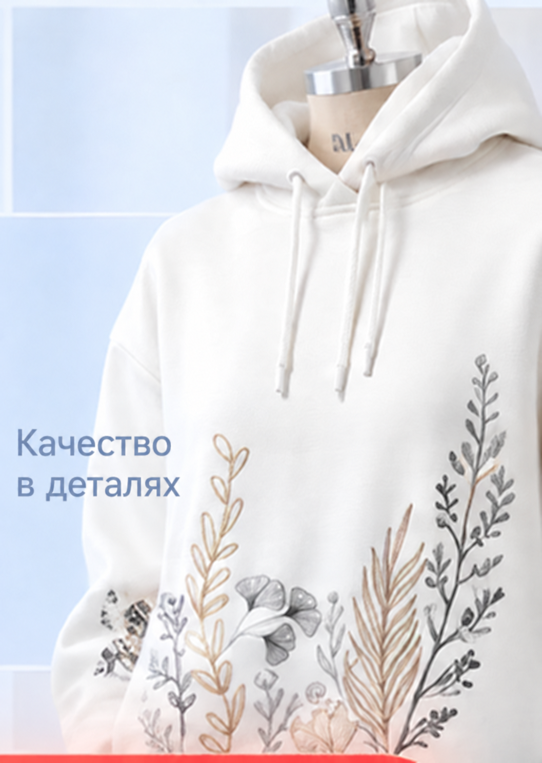 Белый худи с вышивкой на манекене